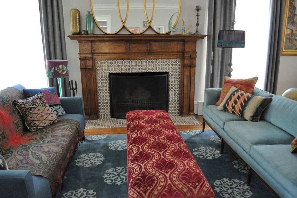 Tiled Fireplaces for a Eclectic Living Room with a Fireplace Mantel and Living Room by Rebekah Zaveloff | Kitchenlab