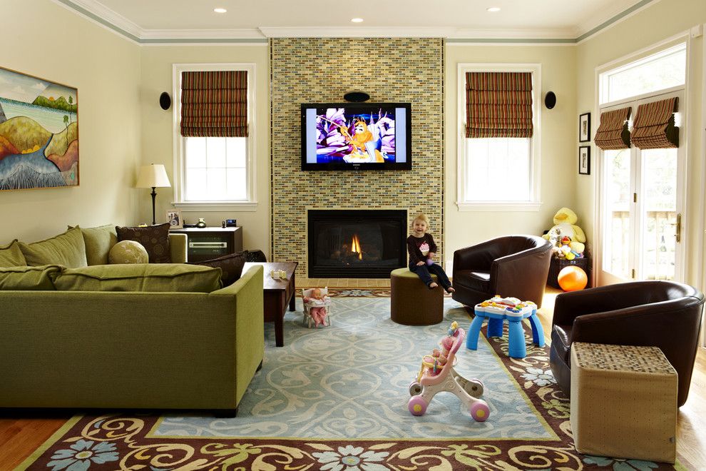 Tiled Fireplaces for a Traditional Family Room with a Green Sofa and Garrett Park by Designing Solutions