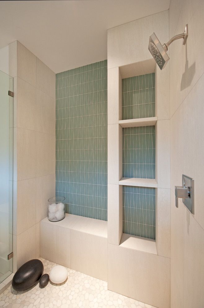 Tiled Shower Ideas for a Contemporary Bathroom with a Stone and the Cooper Show Home by Sticks and Stones Design Group Inc.