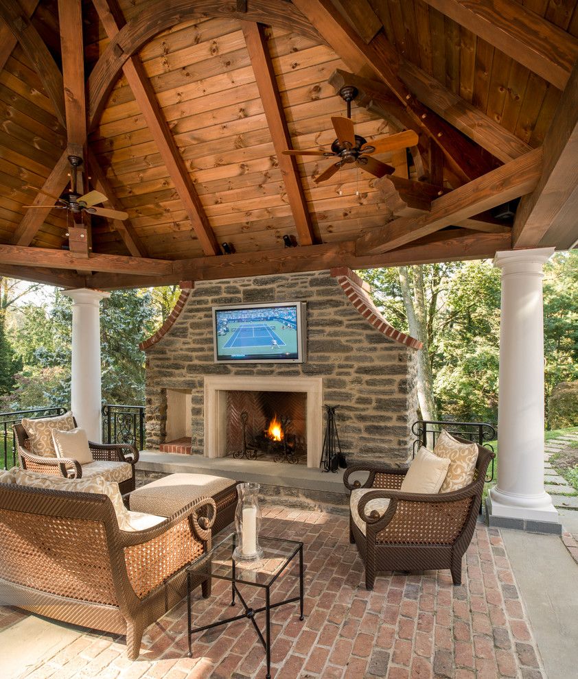 Timberpeg for a Traditional Patio with a Hearth and Timber Framed Pavilion by Hugh Lofting Timber Framing, Inc.