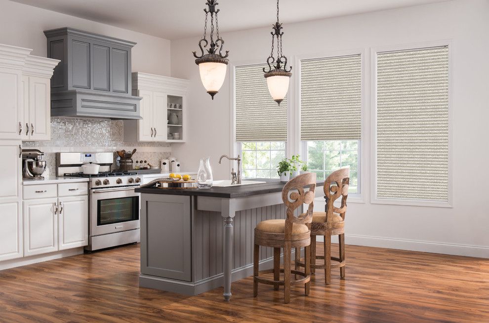 Timberpeg for a Transitional Kitchen with a Shutter and Printed Cellular Shades by Budget Blinds