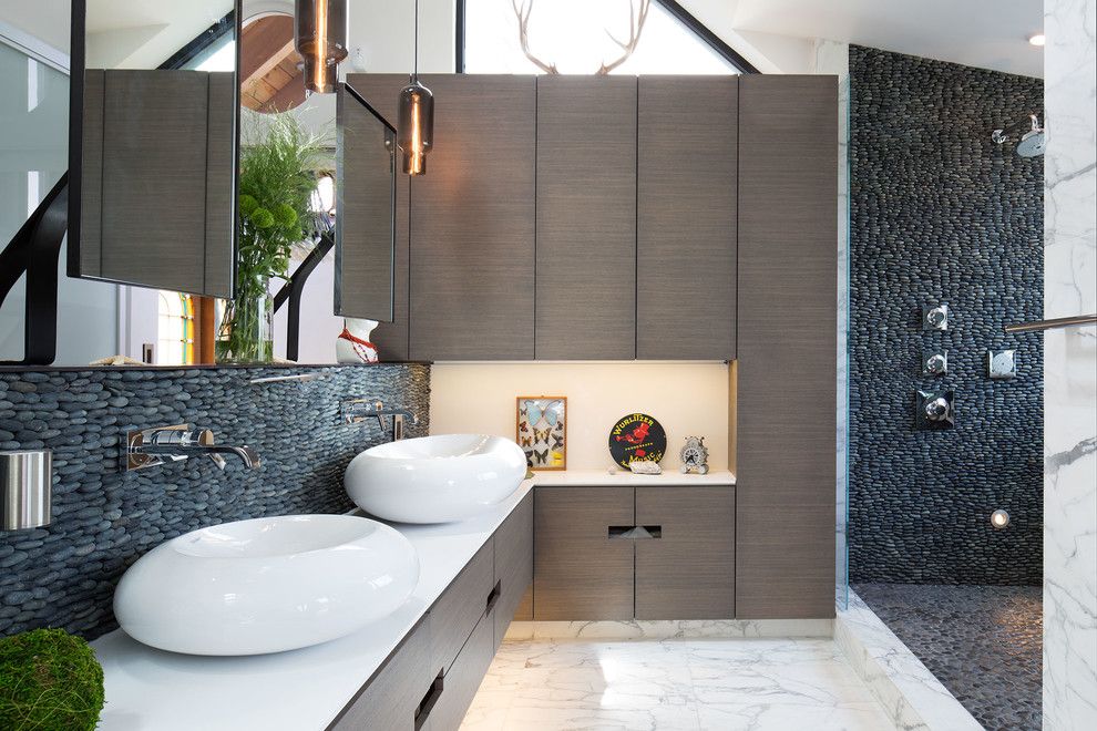 Trash Chute for a Contemporary Bathroom with a Gray Cabinets and Marin Residence by Dawson & Clinton