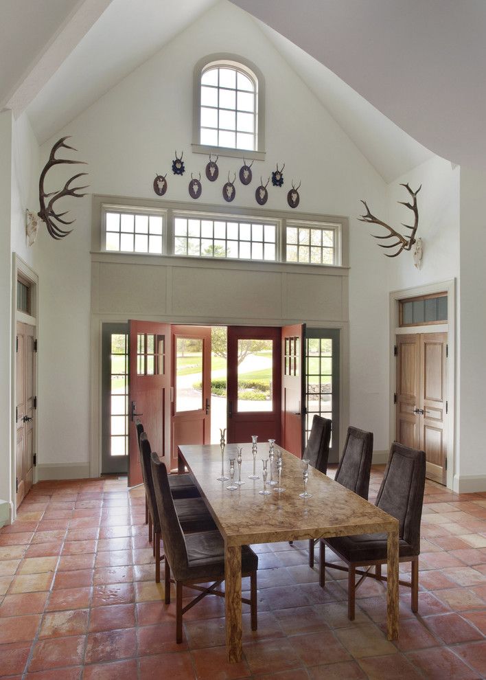 Trustile Doors for a Rustic Dining Room with a Vaulted Ceiling and Persimmon by Siemasko + Verbridge