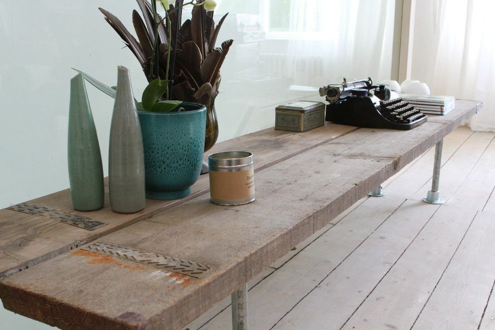 Unclaimed Freight Furniture for a Contemporary Spaces with a Loft Style Wood and Galvanised Steel Pipe Table and Industrial Reclaimed Scaffolding Plank and Steel Pipe Bespoke Furniture/fittings by Urban Grain