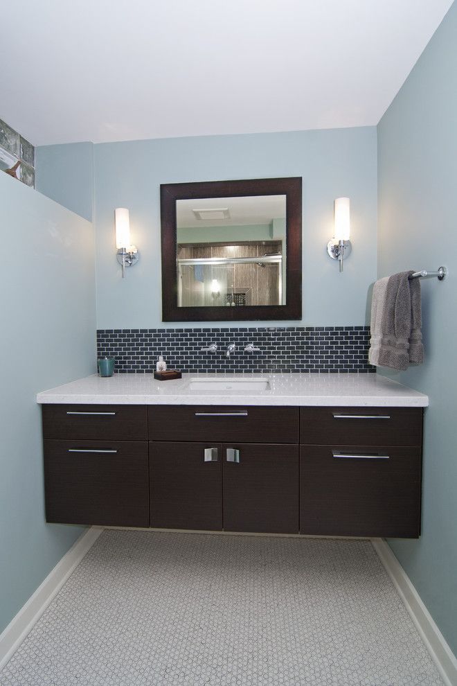 Unfinished Basement Ideas for a Contemporary Bathroom with a Blue Walls and a Modern Lower Level by White Crane Construction