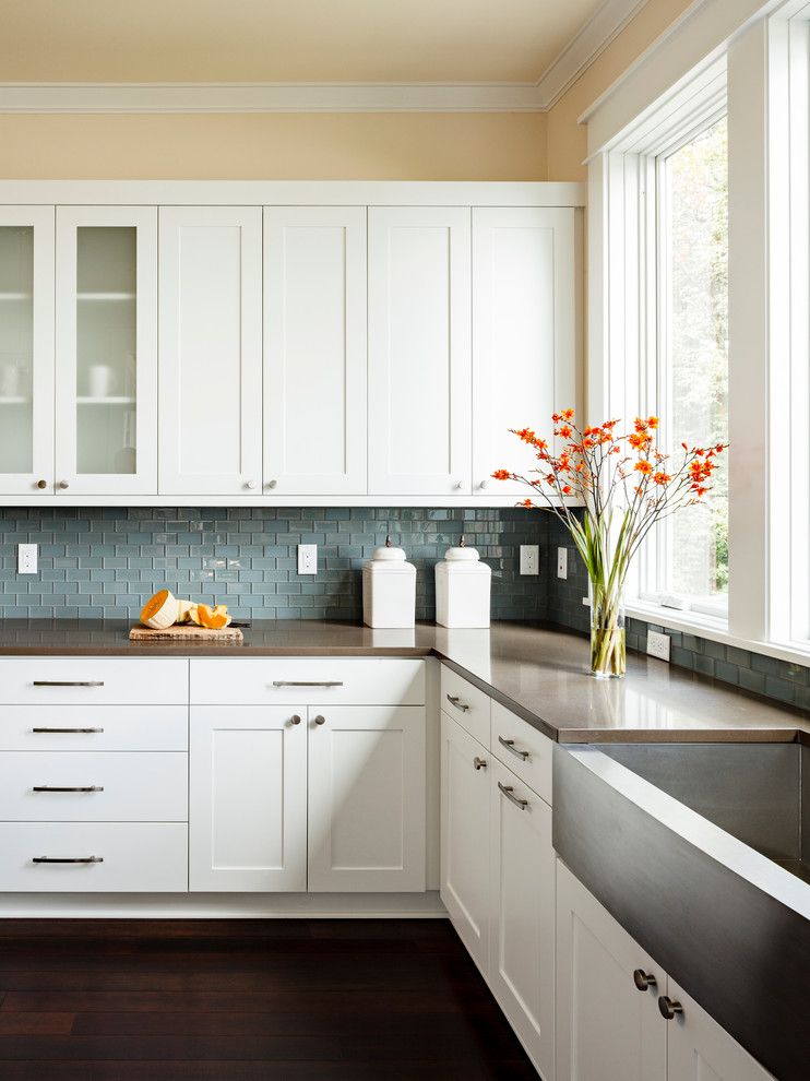 Us Cabinet Depot for a Transitional Kitchen with a White Column and Furnace Townhouse by Jenni Leasia Design