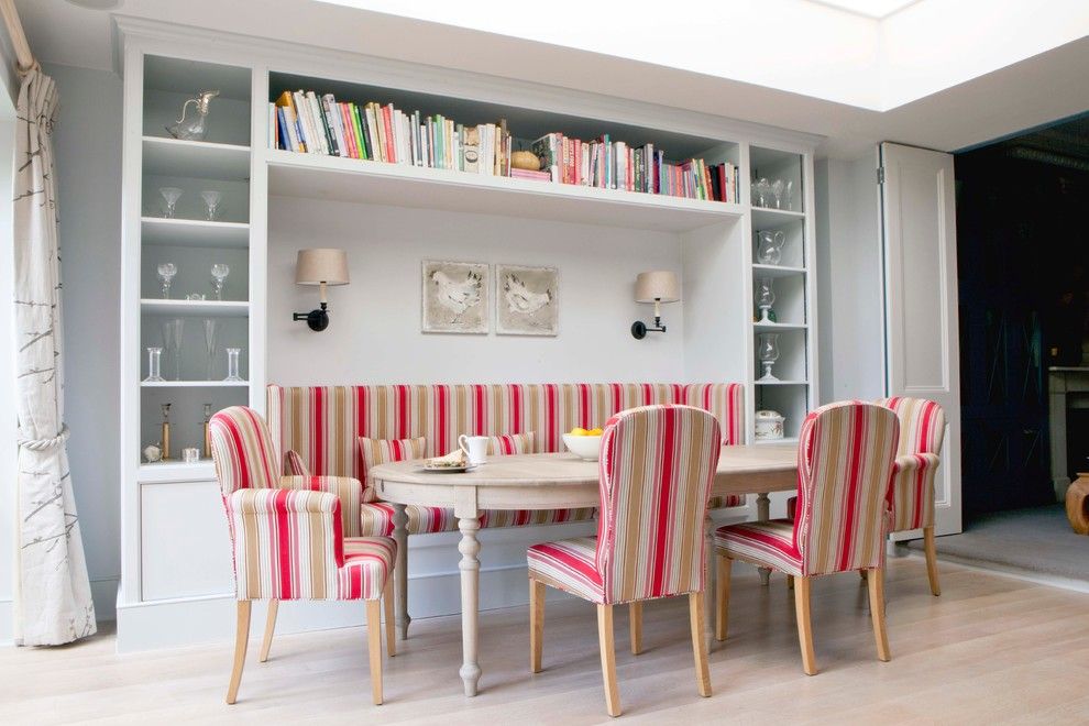 Vaughan Lighting for a Scandinavian Dining Room with a Striped Chairs and Family Home, London by Fiona Andrews Interiors Limited