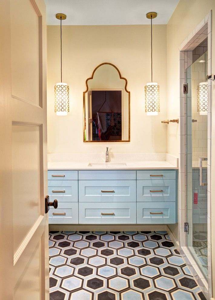 Vaughan Lighting for a Transitional Bathroom with a Painted Concrete Tile and K I D ' S  R O O M S + B a T H S by Evensen Design