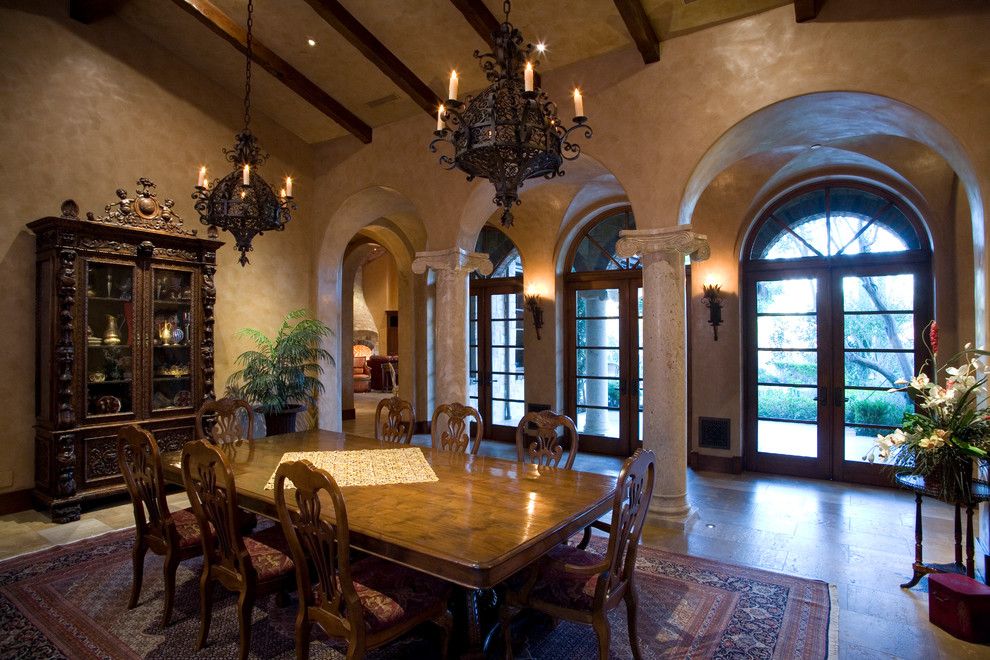 Venetian Plaster for a Mediterranean Dining Room with a Wood Dining Table and Manian Residence by James Glover Residential & Interior Design