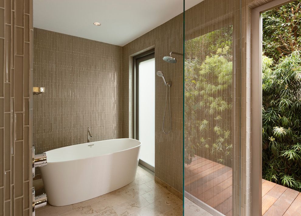 Vertical Bathtub for a Contemporary Bathroom with a Tile and California Sustainable Home by Maienza   Wilson Interior Design + Architecture