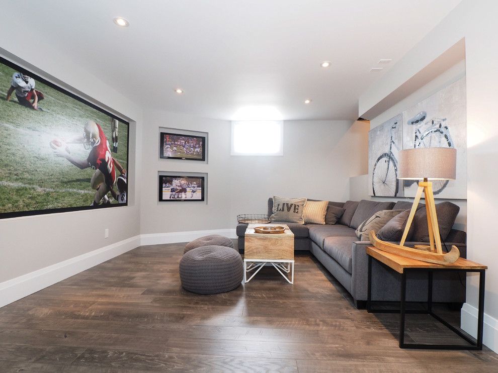 Vinyl vs Laminate for a Transitional Basement with a Gray Poufs and Theater Room by Tiffany Mackinnon