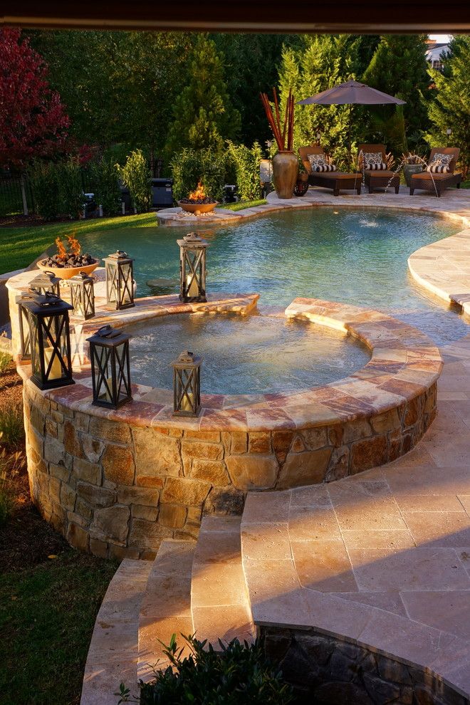 Virginia Wayside Furniture for a Contemporary Pool with a Stone Tub and Roan Chapel by Town & Country Pools, Inc.