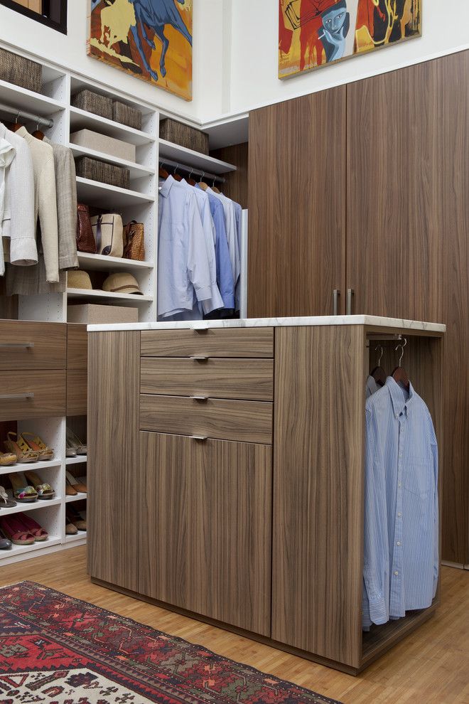 Walnut Creek Furniture for a Contemporary Closet with a Baskets and Walk in Closet in Walnut and White Melamine by Transform | the Art of Custom Storage