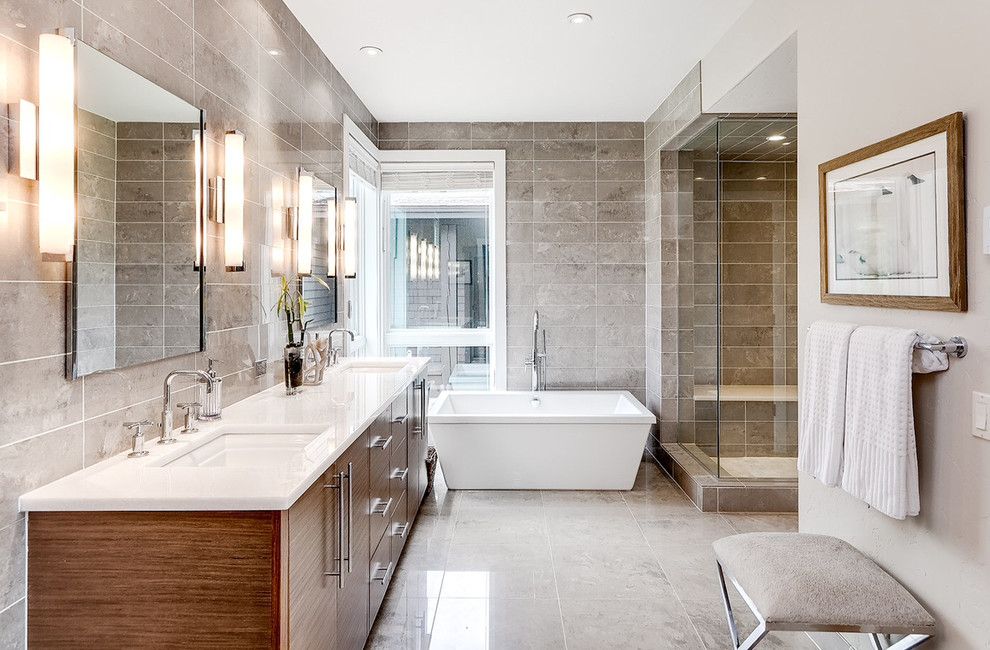 Walnut Creek Medical Group for a Contemporary Bathroom with a Upholstered Bench and Breckenridge Vacation Home  Master Bathroom by Markel Design Group