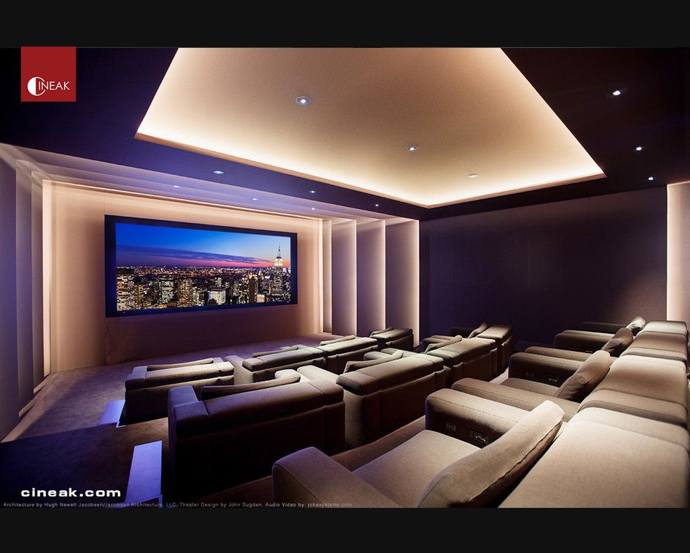 Walnut Creek Theater for a Modern Home Theater with a Leather and Exquisite New Media Room Featuring Cineak Strato Seats. by Cineak Luxury Seating