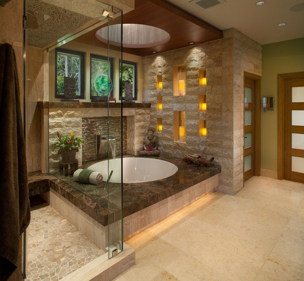 Walters Electric for a Asian Bathroom with a Wood Door Casing and Zen Paradise by James Patrick Walters