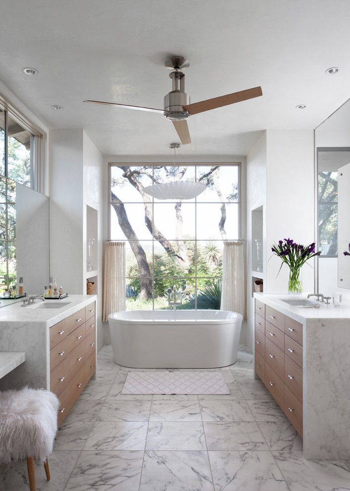 Waterfall Countertop for a Mediterranean Bathroom with a White Countertop and Richard Lane by Ryan Street & Associates