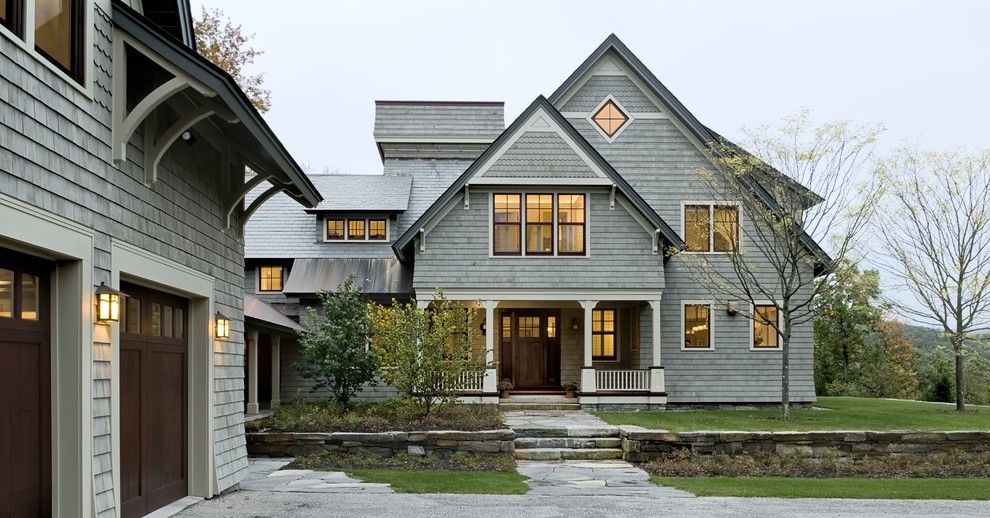 Weathered Wood Shingles for a Victorian Exterior with a White Wood and Shingle Style Home Drive Court to Entry Elevation by Smith & Vansant Architects Pc