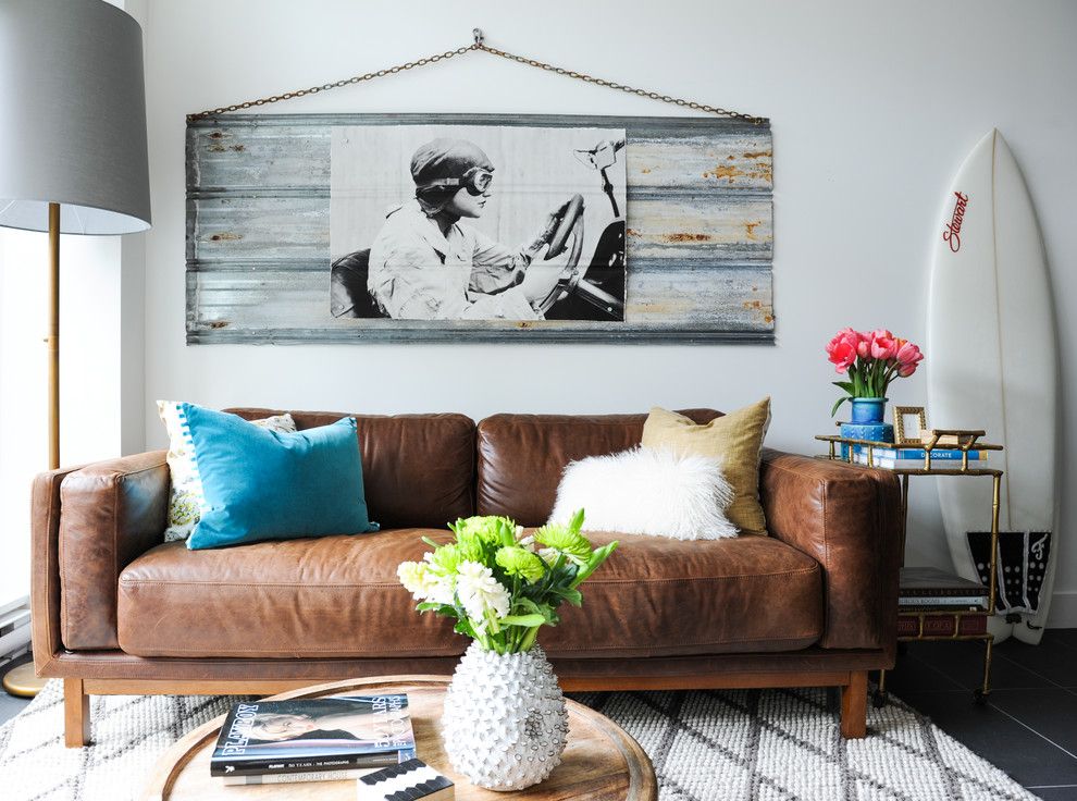 West Elm Customer Service for a Eclectic Living Room with a Leather Sofa and China Town Condo by Oliver Simon Design