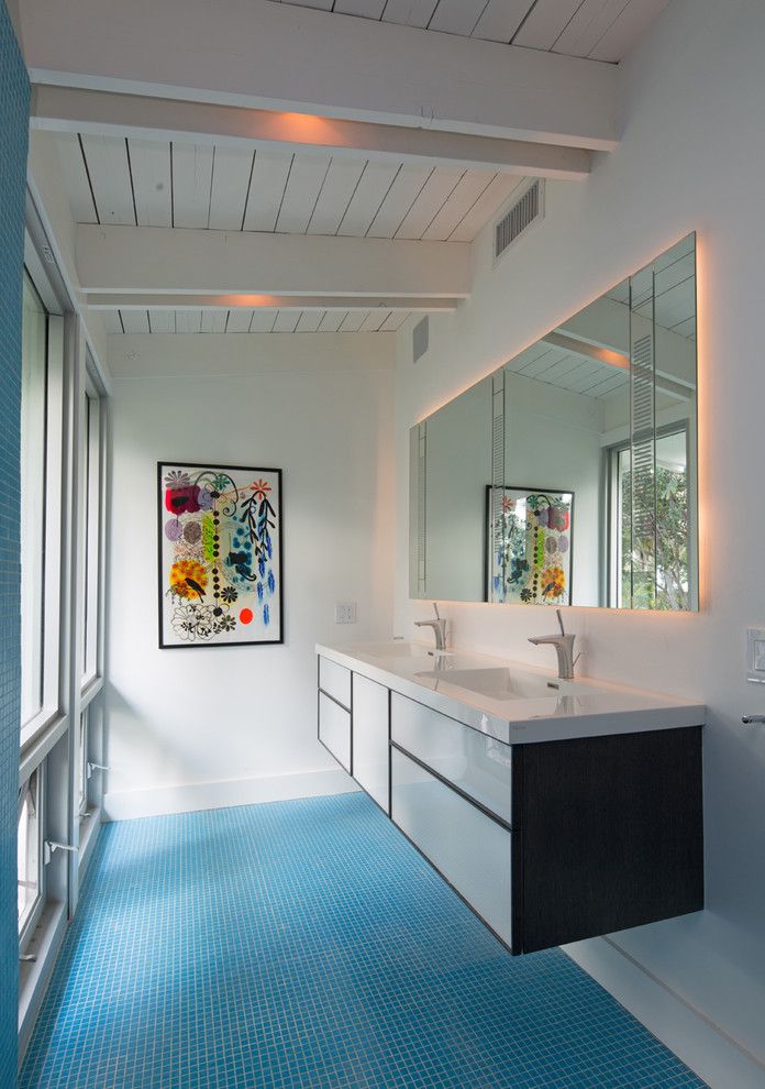 Wetstyle for a Contemporary Bathroom with a Blue Tile Floor and Residence   Lantana, Fl by Silberstein Architecture