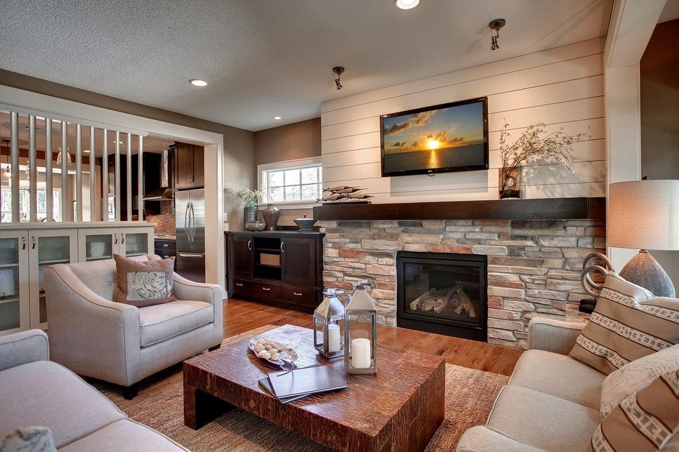 What is Shiplap for a Contemporary Living Room with a Stone Fireplace and 2012 Fall Parade of Homes by Highmark Builders