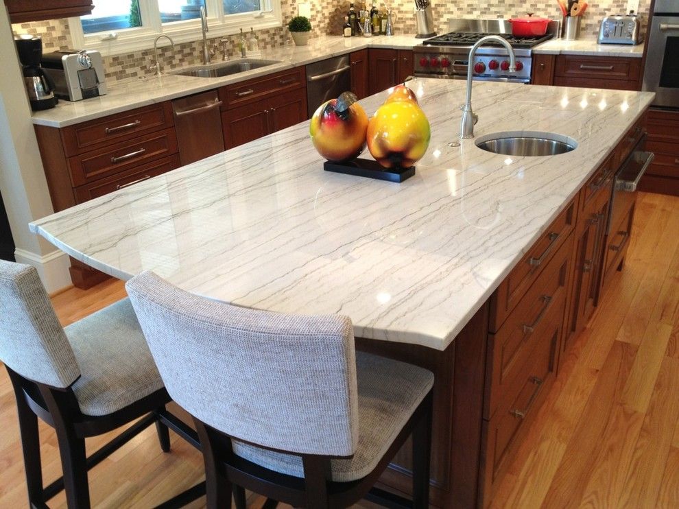 White Macaubas Quartzite for a Traditional Kitchen with a 6 Burner Range and Elegant Oakton Kitchen Dazzles! by Courthouse Design/build   Kitchens & Baths