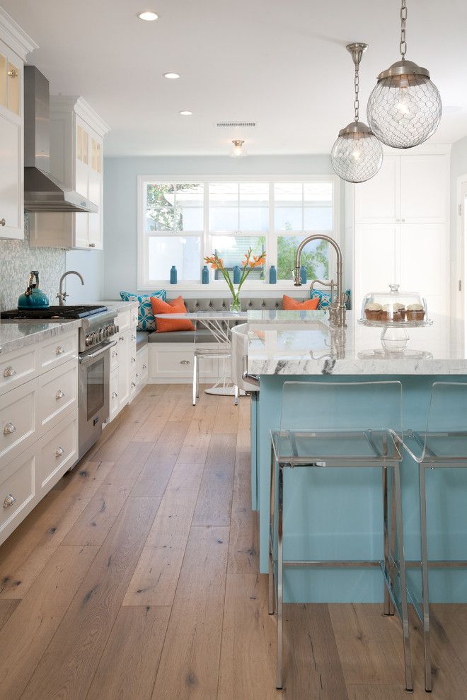 White Princess Quartzite for a Beach Style Kitchen with a Kitchen with 2 Sinks and Kitchen Island and Breakfast Nook by Lauren Shadid Architecture and Interiors