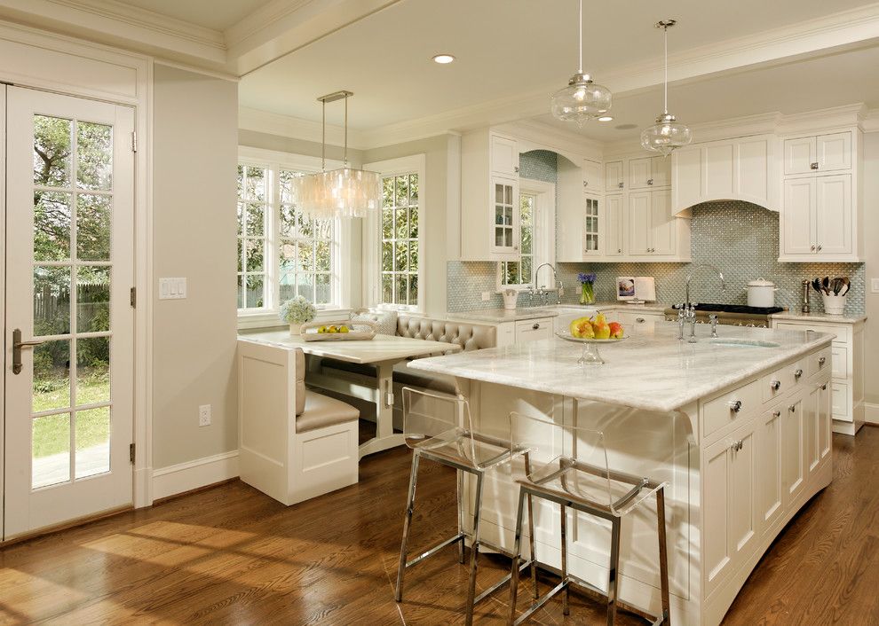 White Princess Quartzite for a Traditional Kitchen with a Pendant Light and Deluxe in Alexandria by Erin Hoopes