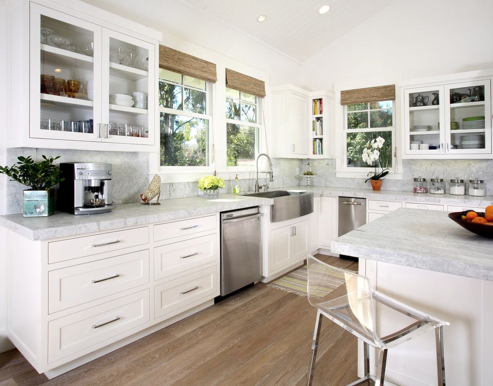 White Princess Quartzite for a Traditional Kitchen with a Window Treatments and #54   Millennium Enterprises   Menlo Park by Precision Cabinets