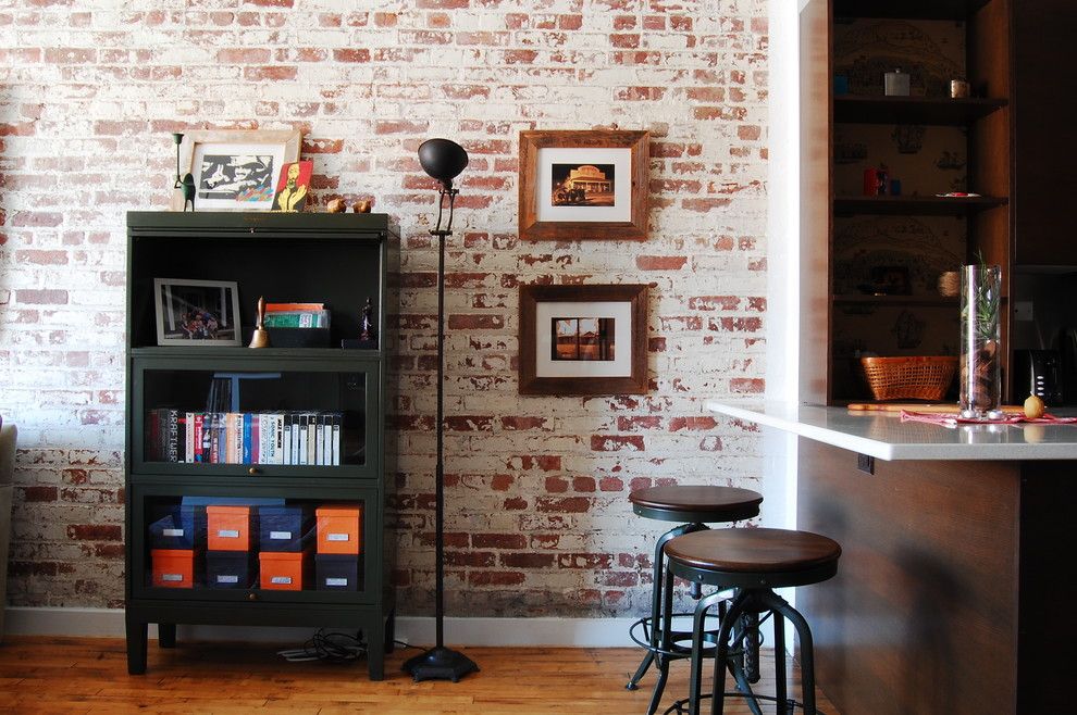 Whitewashing Brick for a Industrial Kitchen with a Open Shelves and My Houzz: Textiles Charm an Open Brooklyn Loft by Corynne Pless