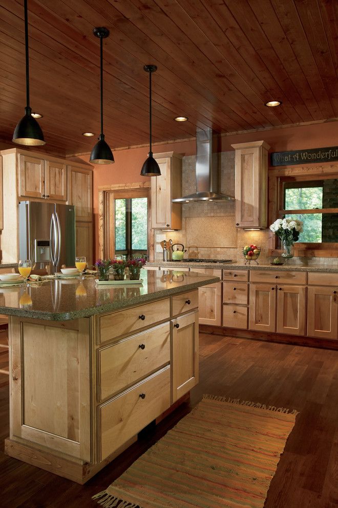 Woodland Cabinetry for a Rustic Kitchen with a Transitional and Rustic Newport Maple Natural with Chocolate Glaze by Woodland Cabinetry