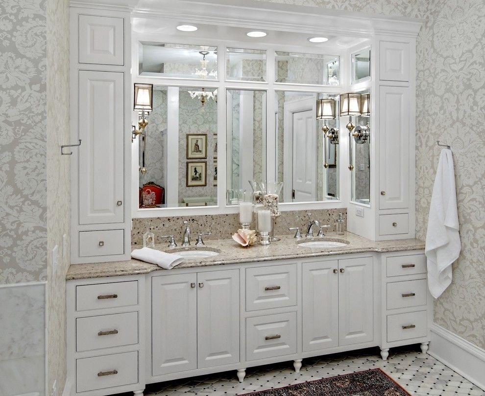 Woodshop Ideas for a Traditional Bathroom with a Mirror Wall and the Woodshop of Avon by the Woodshop of Avon