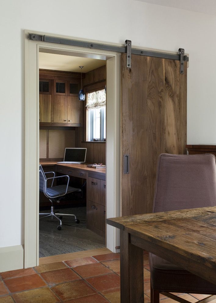 Woodworkers Hardware for a Rustic Home Office with a Marble Floor and Persimmon by Siemasko + Verbridge