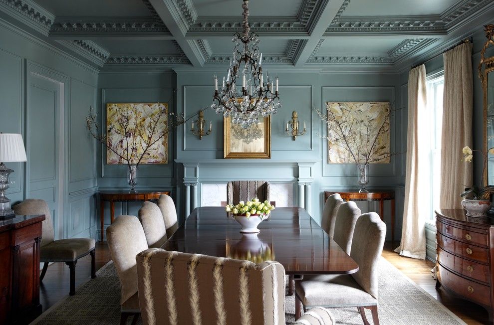 Wythe Blue for a Traditional Dining Room with a Blue Wall Molding and Glimpses... by Lisa Hilderbrand   Hilderbrand Interiors