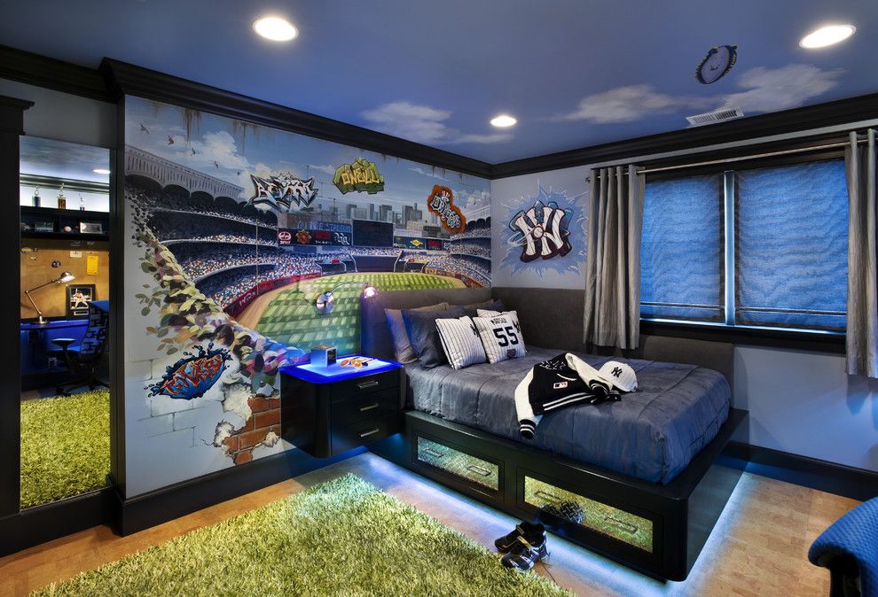 Yankees Wallpaper for a Contemporary Kids with a Baseball and Teen Boy's Bedroom by Trg Architects