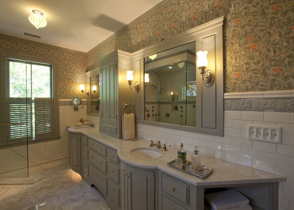 Yankees Wallpaper for a Traditional Bathroom with a Wall Sconces and Victorian Splendor by Siemasko + Verbridge