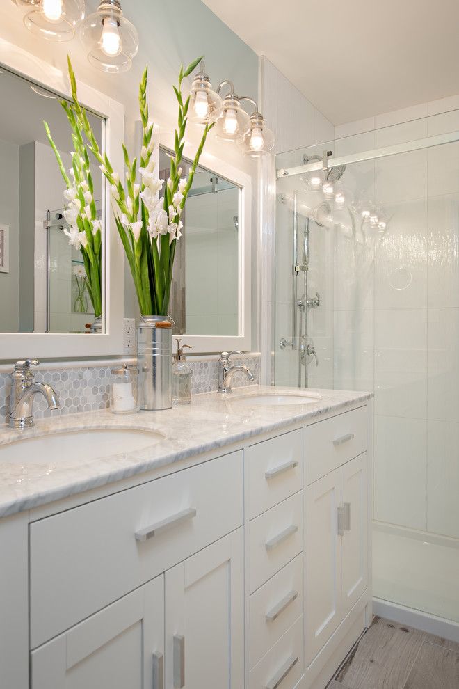 Yorktowne Cabinets for a Traditional Bathroom with a Double Vanity and Steveston Townhouse by the Spotted Frog Designs