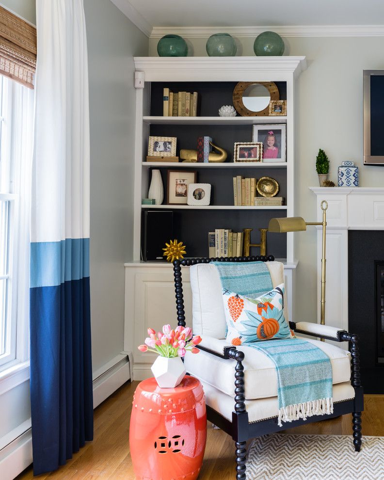 Youngs Furniture for a Traditional Living Room with a Striped Curtains and a Colorful Room for a Young Family by Dina Holland Interiors