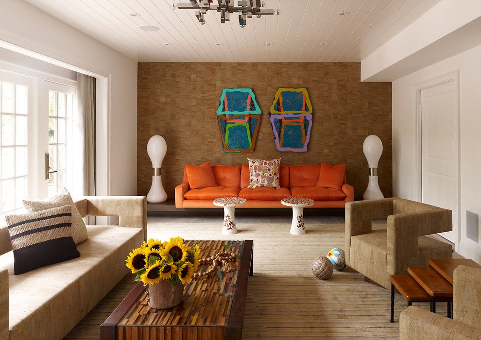 Zaneen Lighting for a Contemporary Living Room with a Orange Couch and Southampton Residence by Fox Nahem Associates