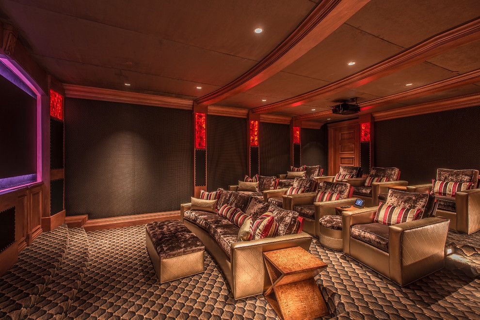 American Fork Theater for a Mediterranean Home Theater with a Leather Fabric Combo and Paradise Valley Manor by Feathers Fine Custom Furnishings