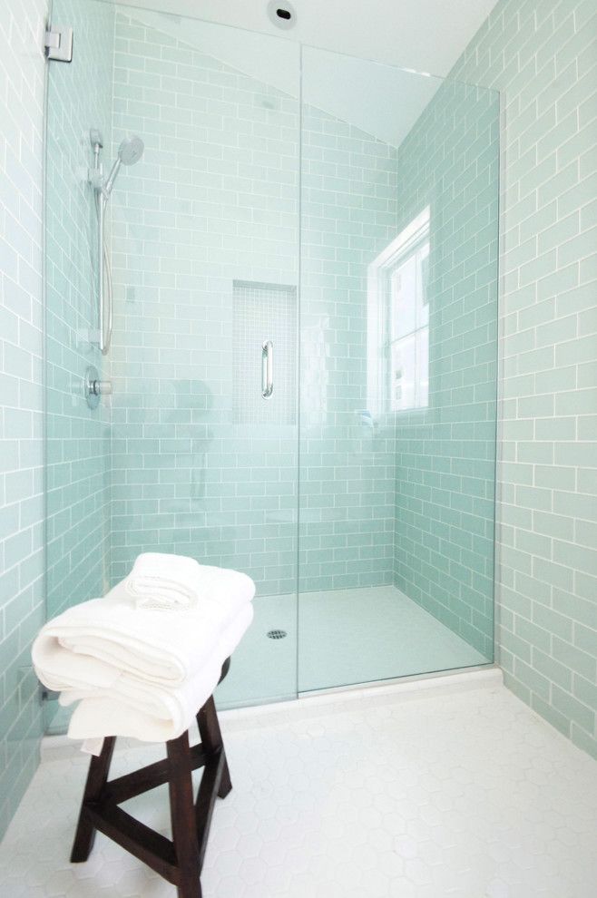 Bendheim Glass for a Contemporary Bathroom with a Aqua Tiles and Glass Tiled Bathroom by Courtney Blanton Interiors, Cid