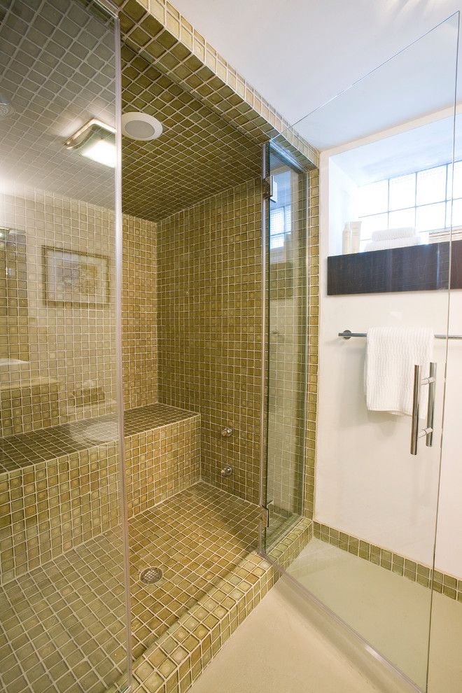 Bendheim Glass for a Contemporary Bathroom with a Built in Shower Bench and Duncan Avenue Basement Renovation by Ryan Duebber Architect, Llc