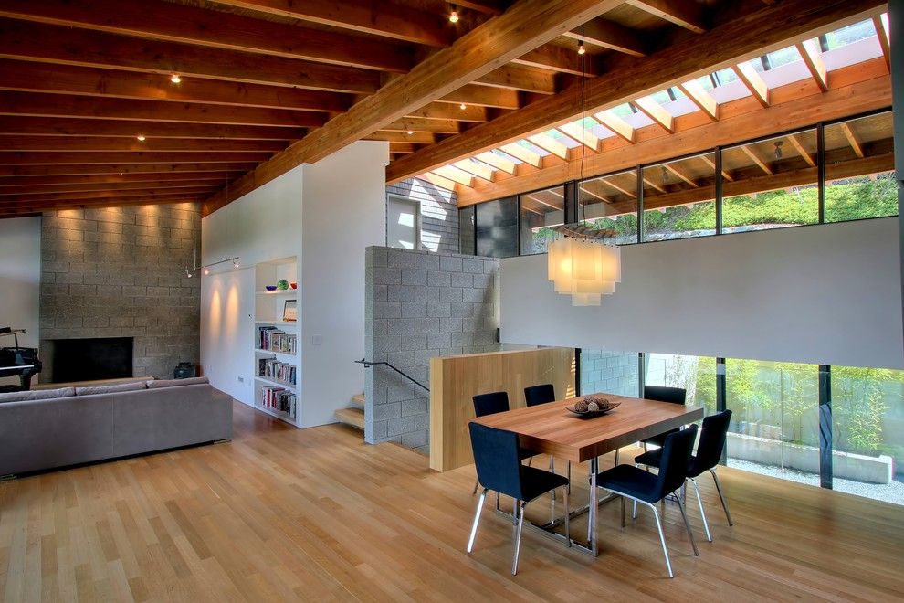 Cinder Block Wall for a Modern Dining Room with a Wood Ceiling and Hillside House   Dining by Renzo J Nakata Architects