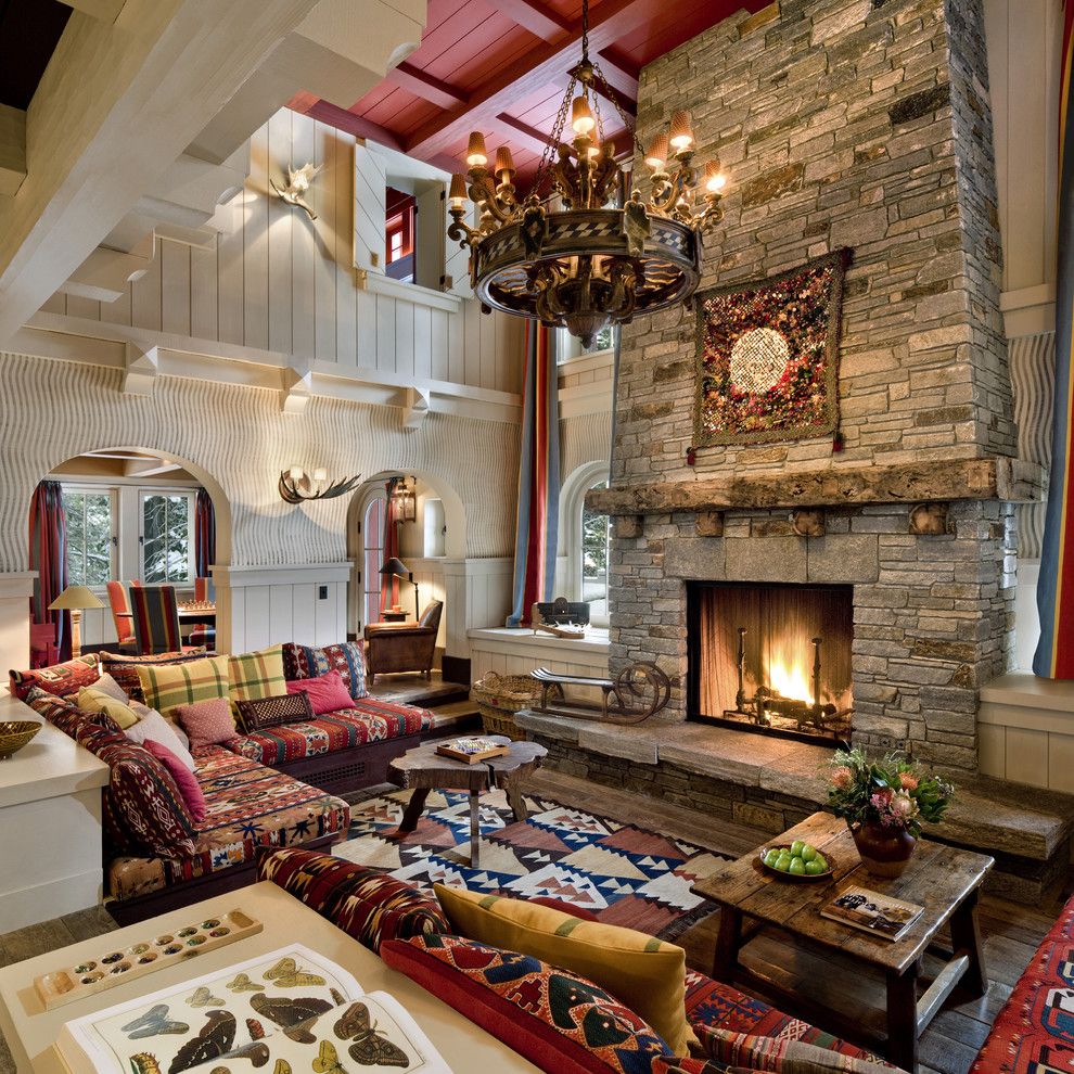 Cme Associates for a Rustic Living Room with a Sloped Ceiling and Alpine Ski Chalet, Norden, California by John Malick & Associates