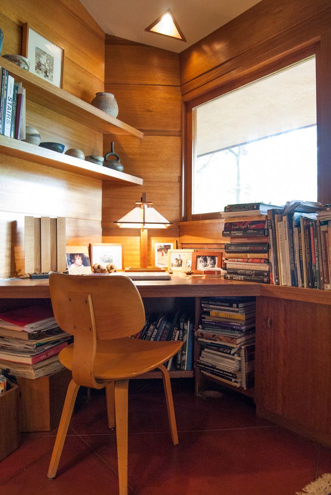 Frank Lloyd Wright Oak Park for a Modern Home Office with a Wood Shelf and Houzz Tour: An Architectural Relic Thrives in the Heartland of Ohio by Adrienne Derosa