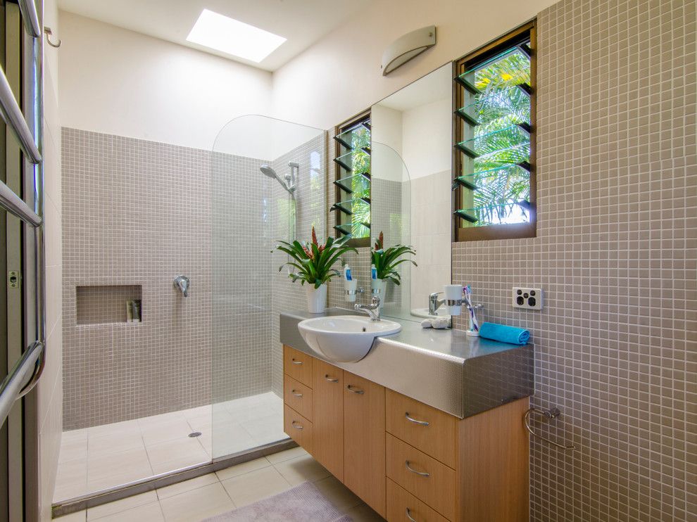 Jalousies for a Tropical Bathroom with a Skylight and Buderim Renovation by Coastal Style Constructions