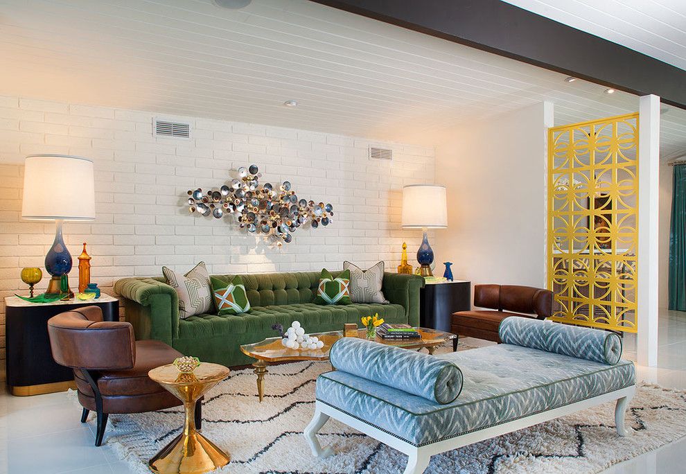 Jonathan Adler Planner for a Midcentury Living Room with a Brown Leather Side Chair and South Canyon: Colorful Modern Mix by Joel Dessaules Design