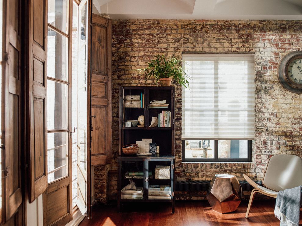 Klinker Brick for a Contemporary Living Room with a Wall Clock and the Shade Store by the Shade Store