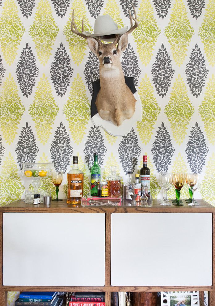 Lyndon Furniture for a Eclectic Home Bar with a Wallpaper and Mid Century Eclectic Home by Shannon Eddings Interiors