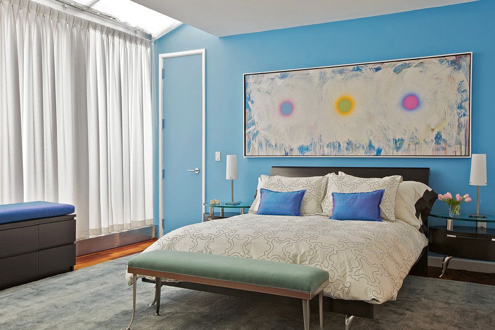 Martin Senour Paints for a Contemporary Bedroom with a Drapes and Tribeca Penthouse by Marie Burgos Design